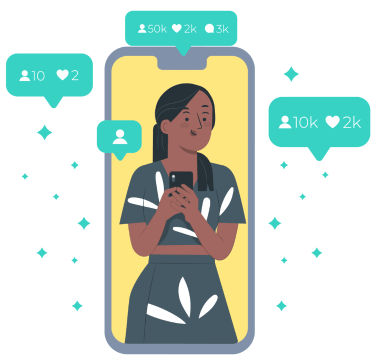 Eine Frau schreibt einen Instagram-Post mit verschiedenen Messwerten um sie herum.