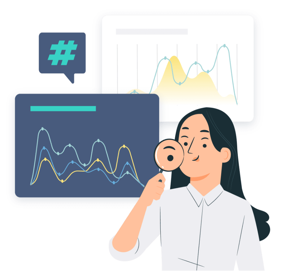 Eine Frau, die verschiedene Diagramme und einen Hashtag untersucht.